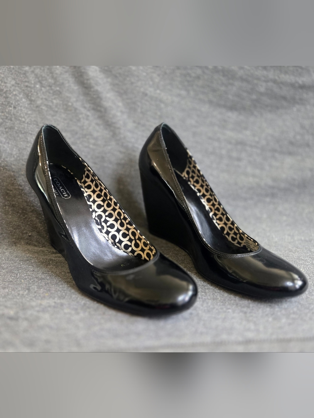 Coach Black Patent Wedge Pumps with Logo Print Lining